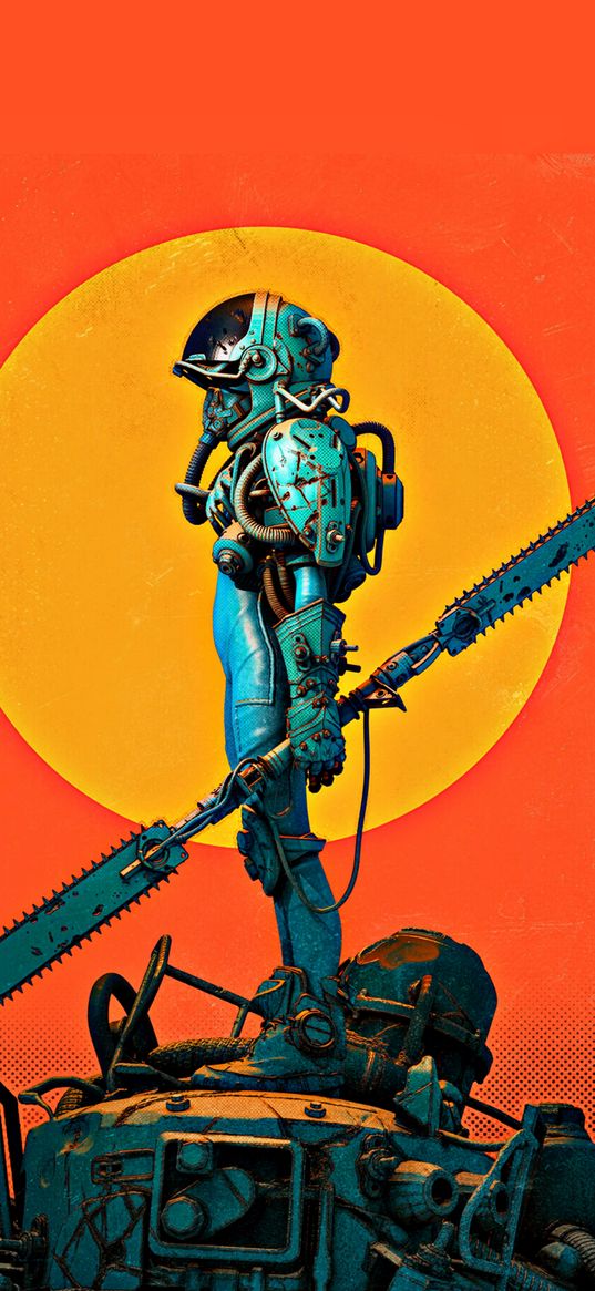 robot, metal, blue, orange, digital art