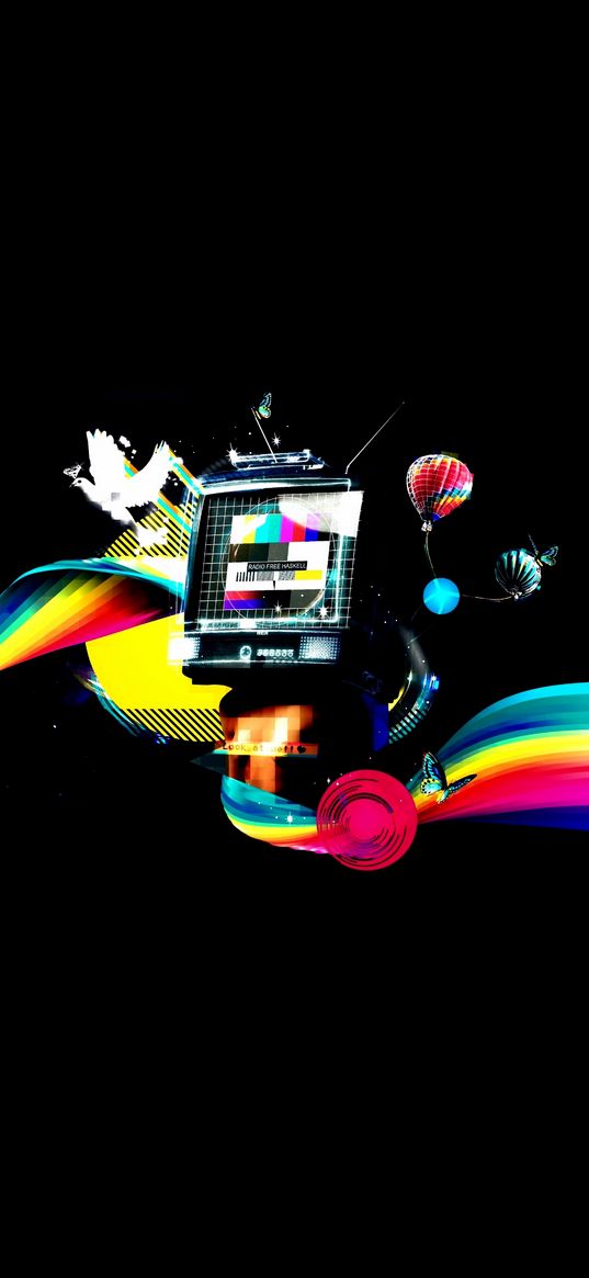 tv, bird, balloon, rainbow, digital art, black background