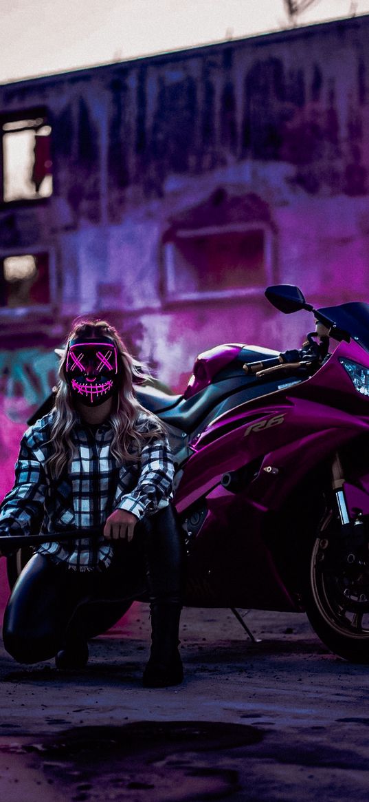 girl, moto, motorcycle, mask, neon, grunge