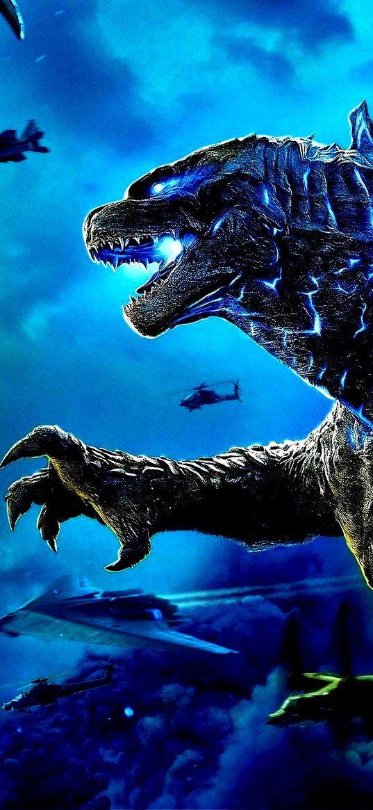 godzilla, blue, monster, light, helicopter, fight, movie