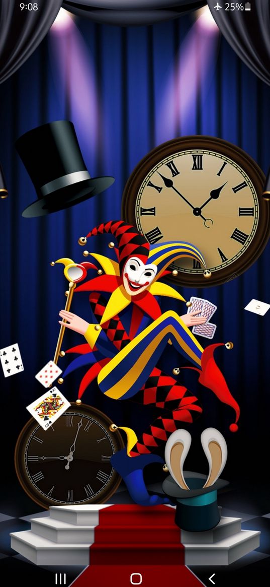 jester, buffoon, clock, cards, stage, digital art