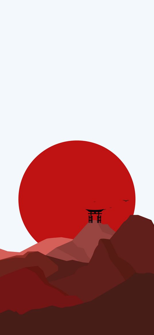 sun, mountains, gates, japan, red, white, minimalism, art