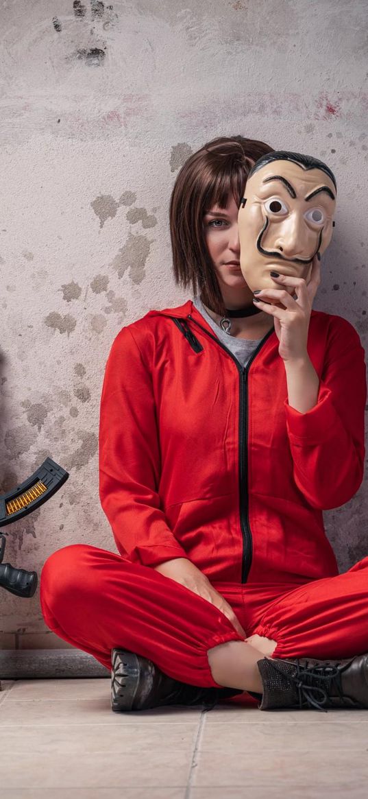 money heist, la casa de papel, paper house, tv series, girl, mask, salvador dali, costume, red