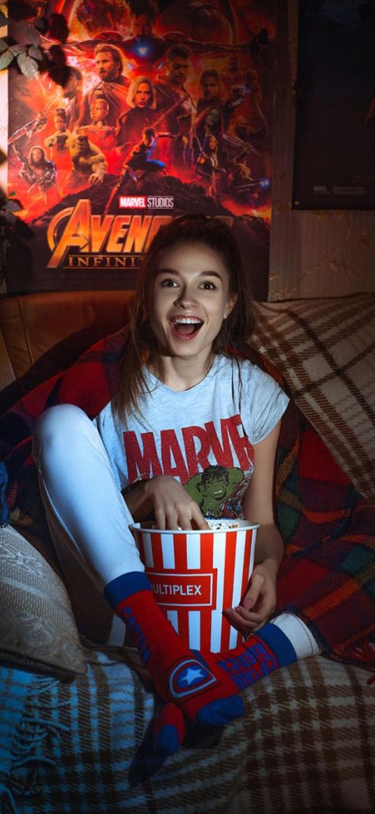 girl, popcorn, poster, avengers, marvel