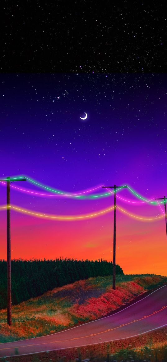 road, poles, power lines, sunset, neon, glow, moon, stars