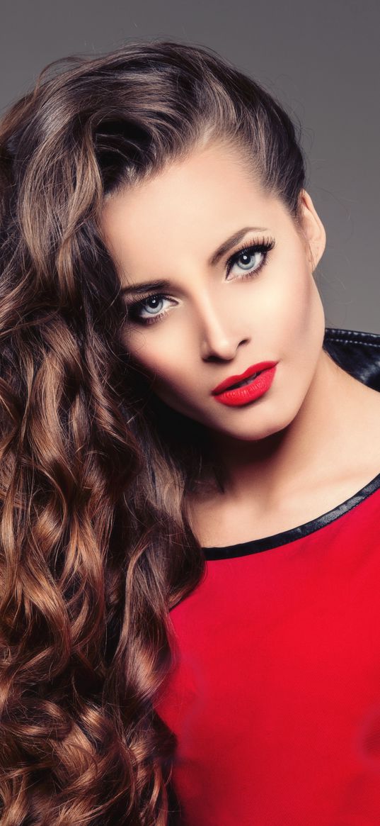 girl, model, red lipstick, brown hair