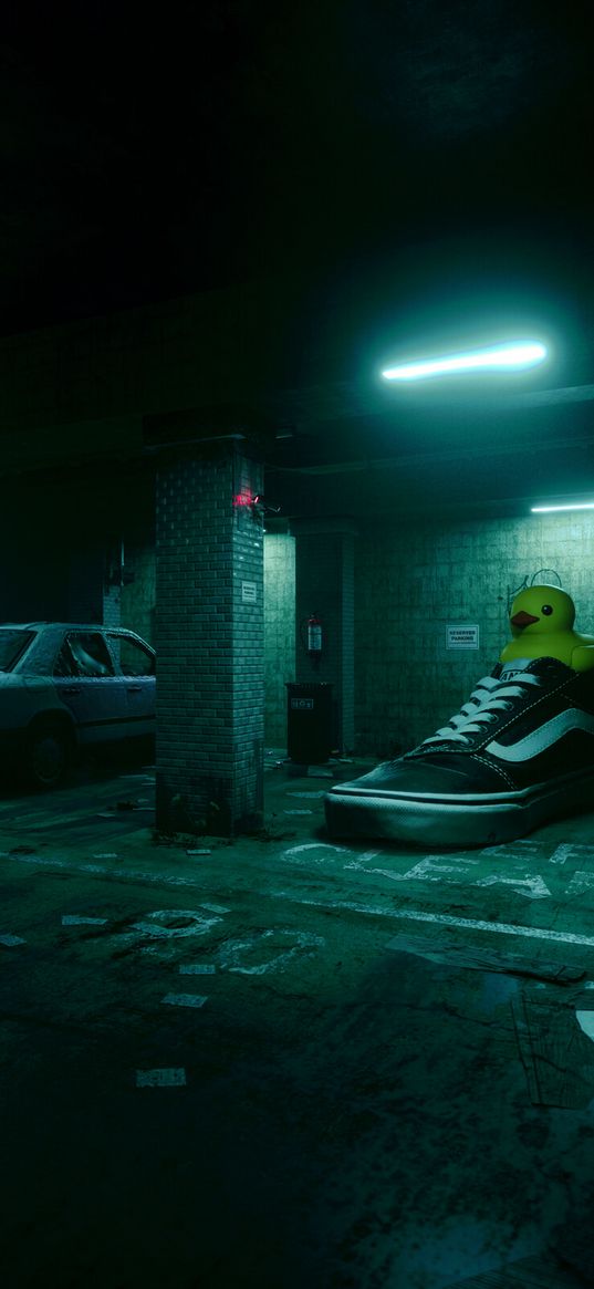 sneakers, duck, car, garage, digital art, cyberpunk