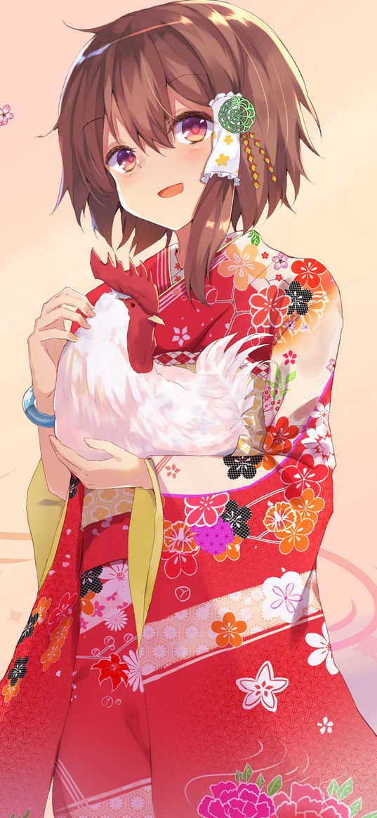 girl, smile, kimono, chicken, anime