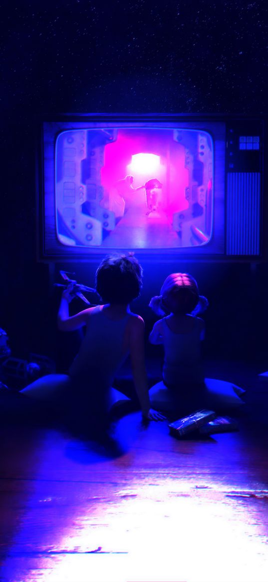 children, tv, watch, evening, stars, diditital art, neon