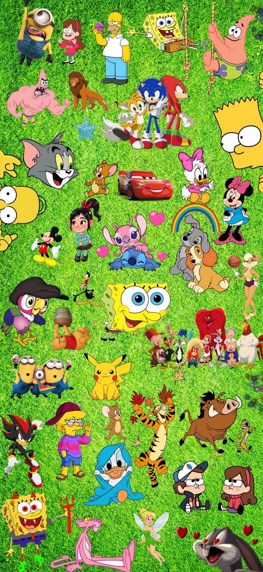 cartoon, characters, mix, poster, stickers, bright, green background