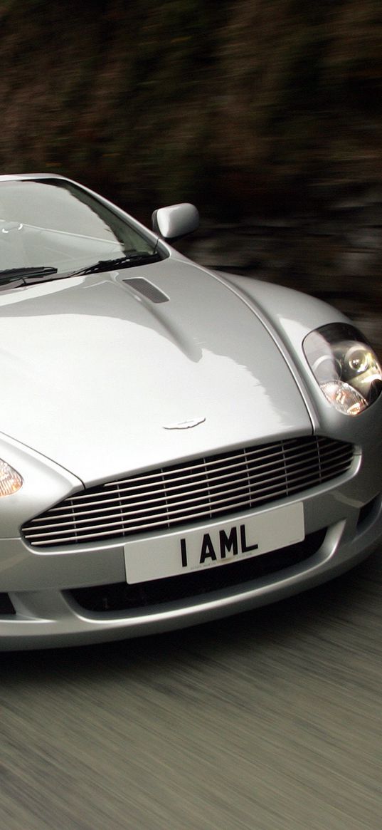 aston martin, db9, 2004, silver metallic, front view, cars, speed