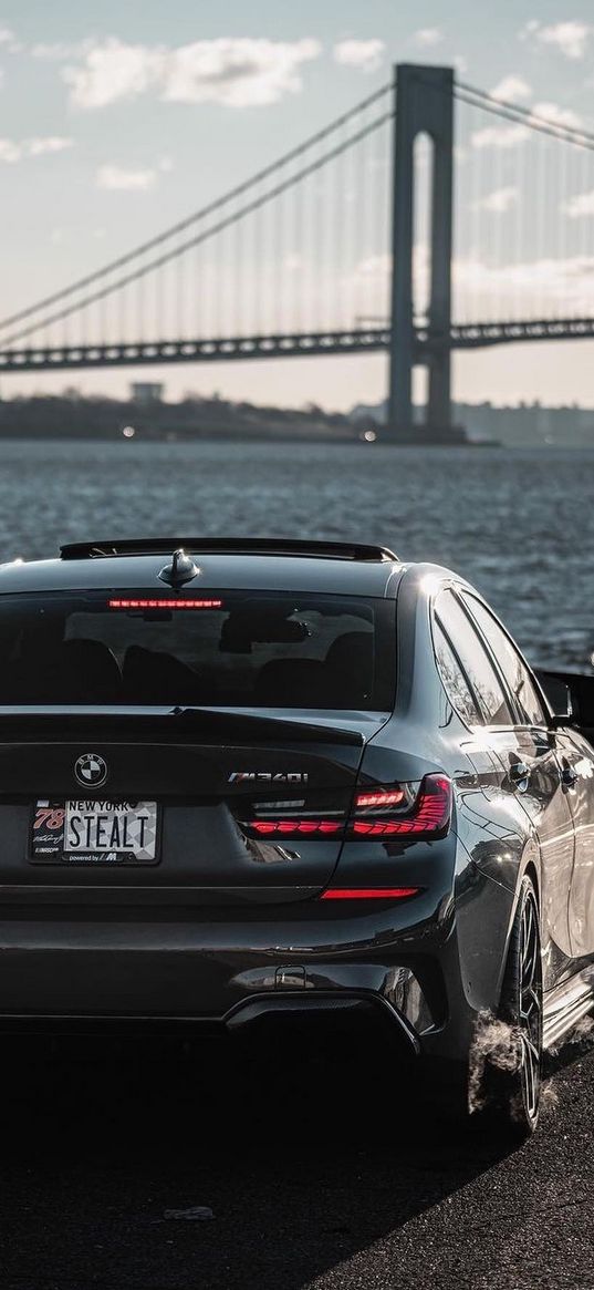 bmw, car, rear lights, bridge, water