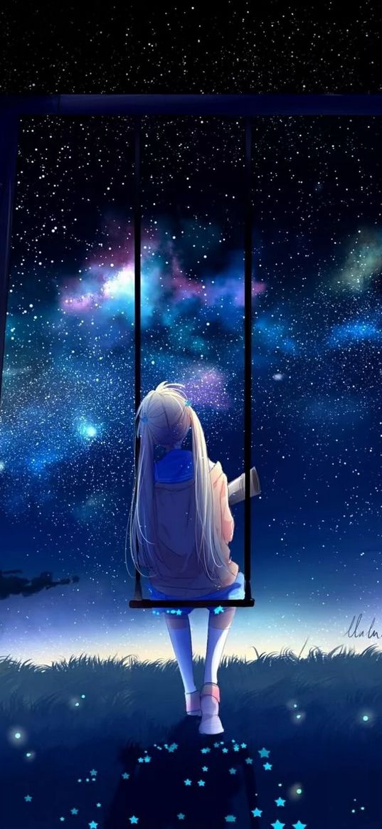 anime, space, girl, swing, night, stars