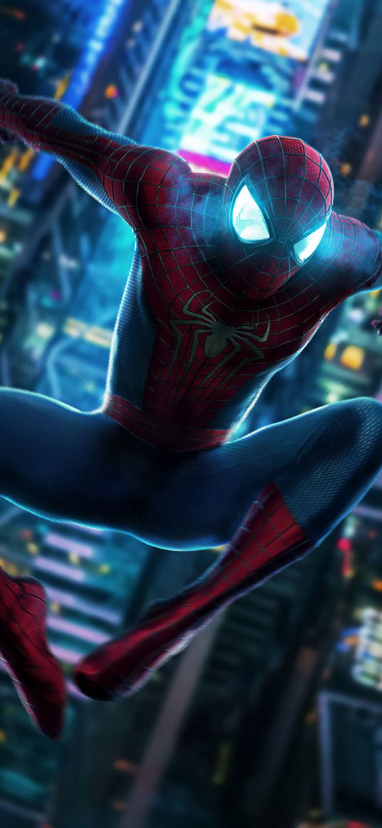 spider-man, spiderman, superhero, marvel, comics, jump, city, light, art