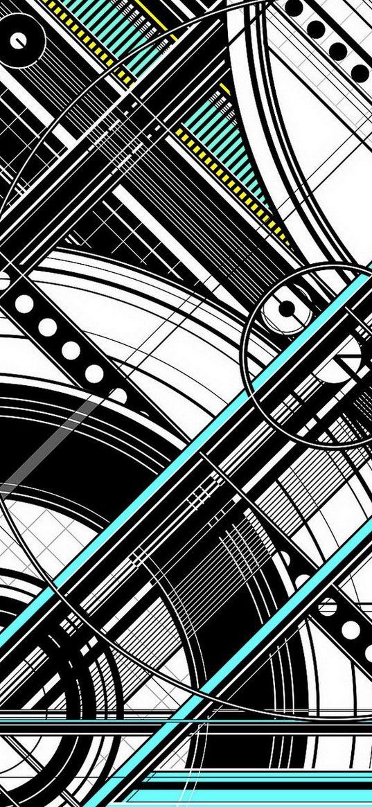 graphics, circles, stripes, lines, cell, black, white, turquoise, abstraction