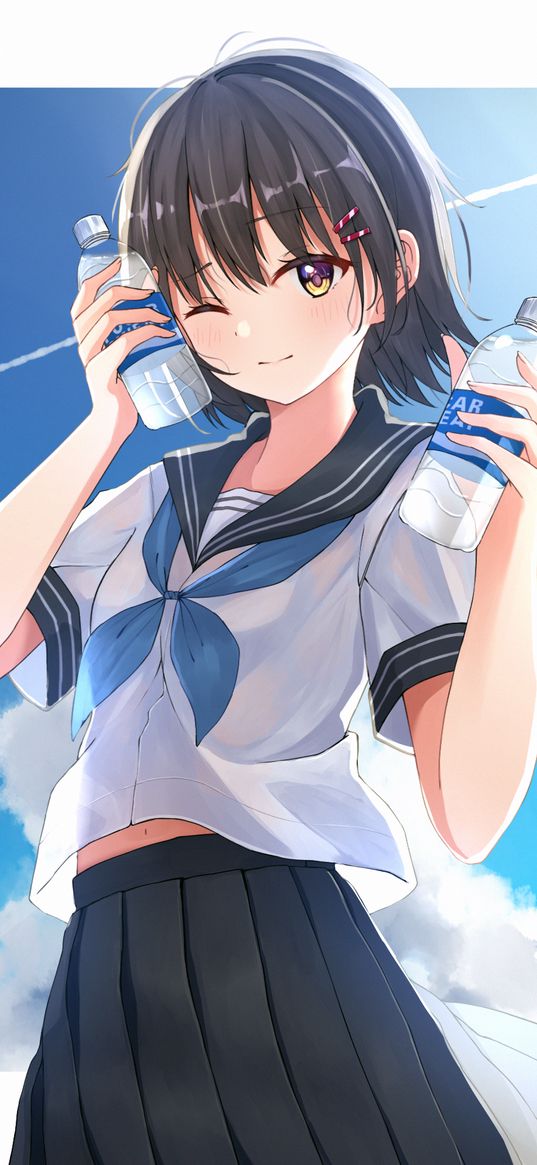 girl, smile, sailor suit, bottles, anime