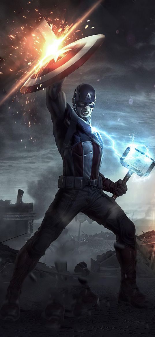 captain america, superhero, shield, hammer, marvel, comics, film, movie, lightning, fire, war