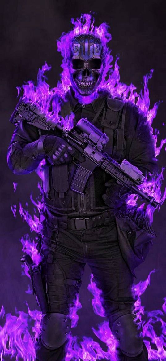 soldier, skull, fire, rifle, purple