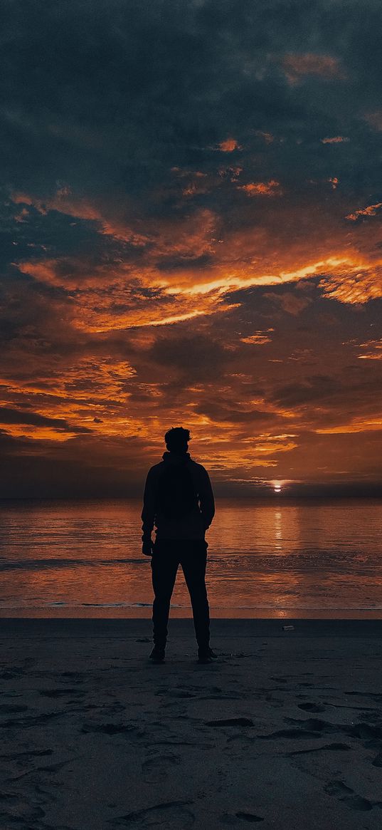 man, silhouette, alone, sea, beach, sunset, evening, orange