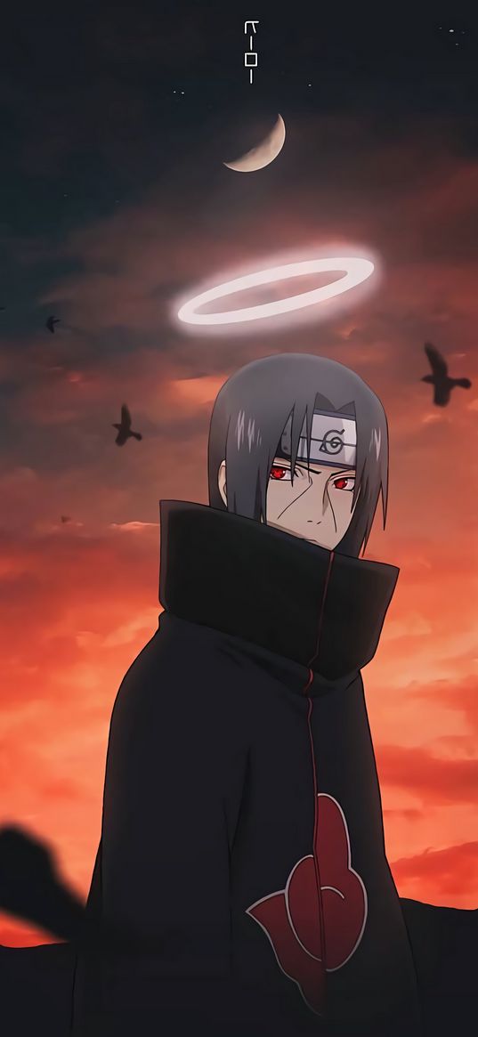 itachi uchiha, itachi, naruto, guy, halo, birds, sunset, moon, anime