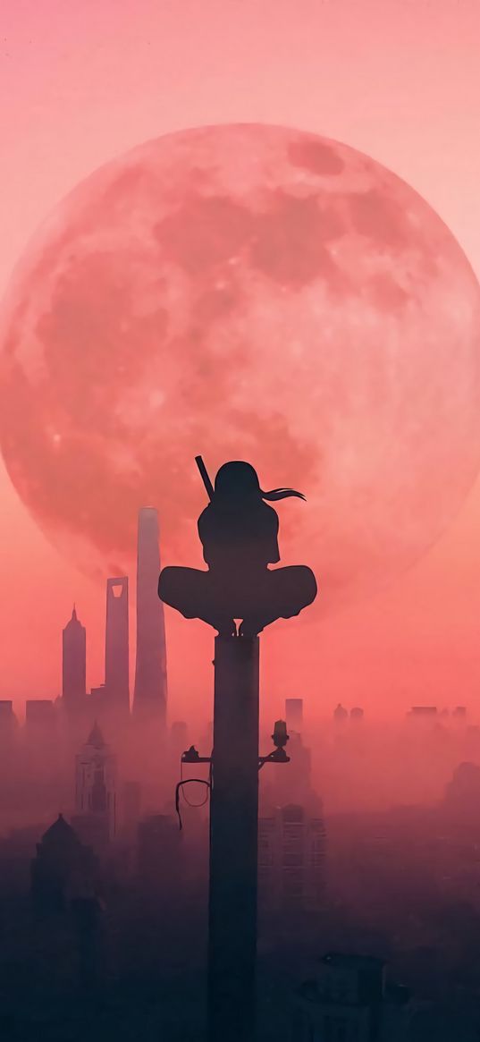 ninja, silhouette, pillar, moon, city, black, orange