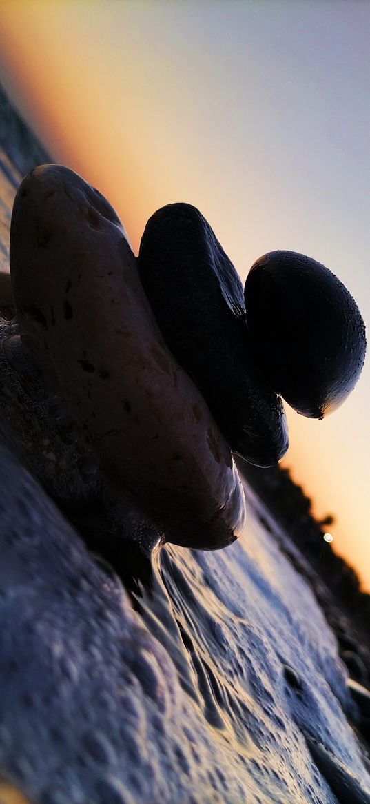 stones, pyramid, sea, sand, sunset