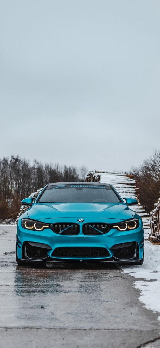 bmw m4, bmw, car, blue, snow, road