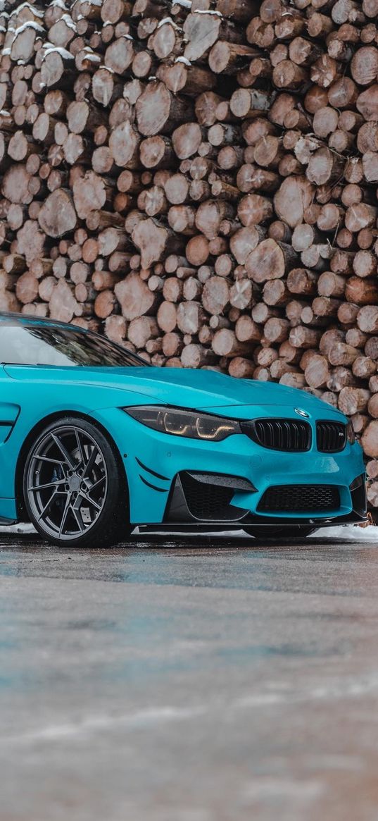 bmw m4, bmw, car, blue, logs