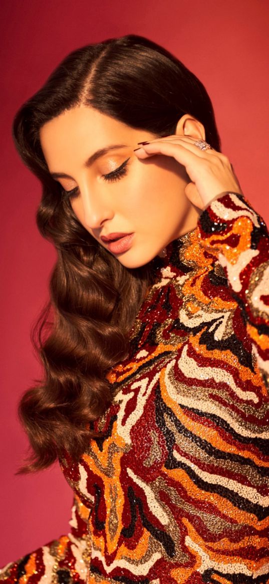 nora fatehi, actress, girl, beauty, headscarf, bollywood, curls