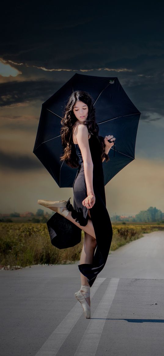 girl, model, ballerina, brunette, umbrella, road