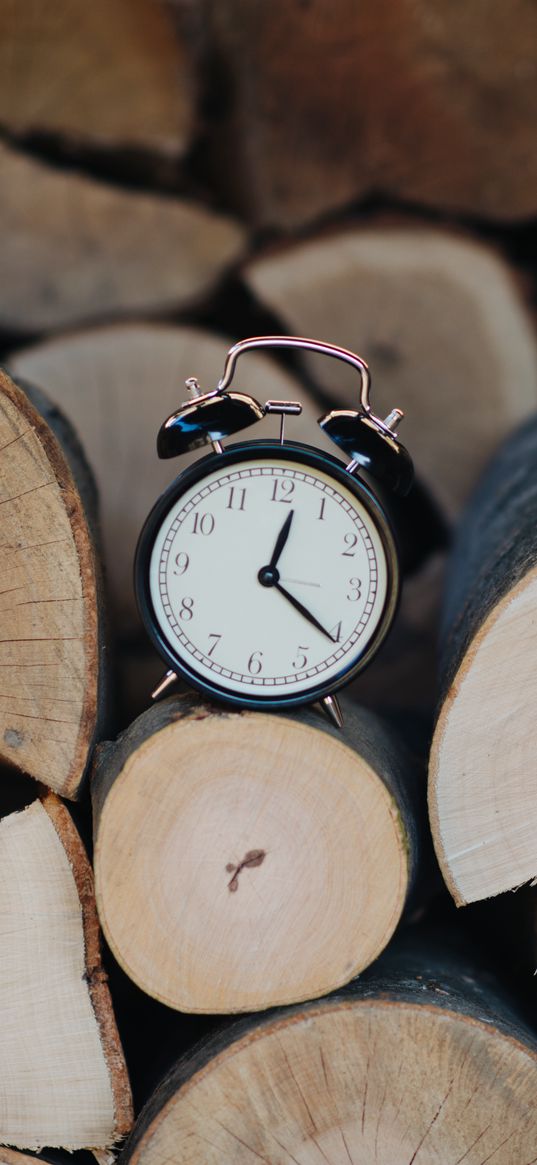 clock, alarm, time, wood, logs