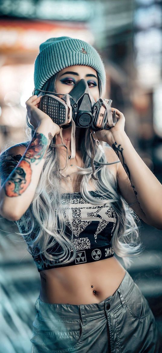 girl, mask, hat, tattoo, blonde