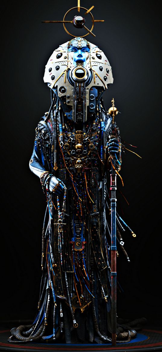 cyberpunk, cyborg, robot, wires, mechanism, staff, strange, art