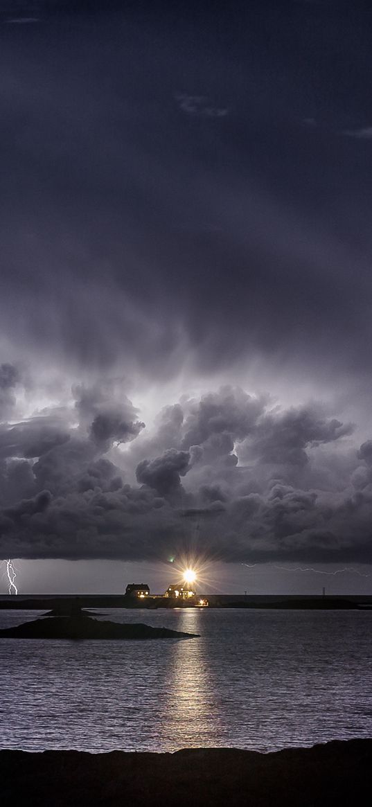 sunset, clouds, lightning, storm, lake, nature, landscape