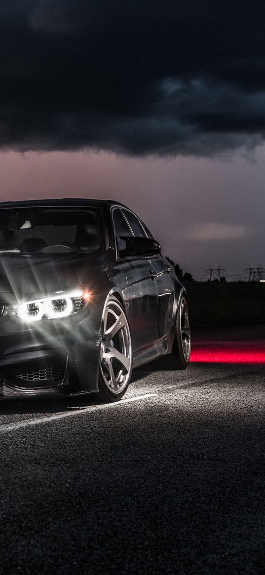 bmw, car, asphalt, clouds, road, night