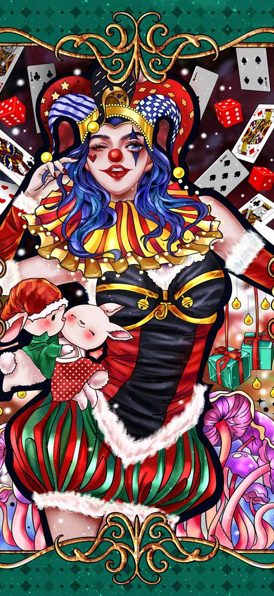 drawing, art, joker, girl, playing card