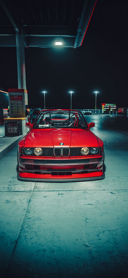 bmw, bmw e30, auto, red auto, classic, gas station, evening