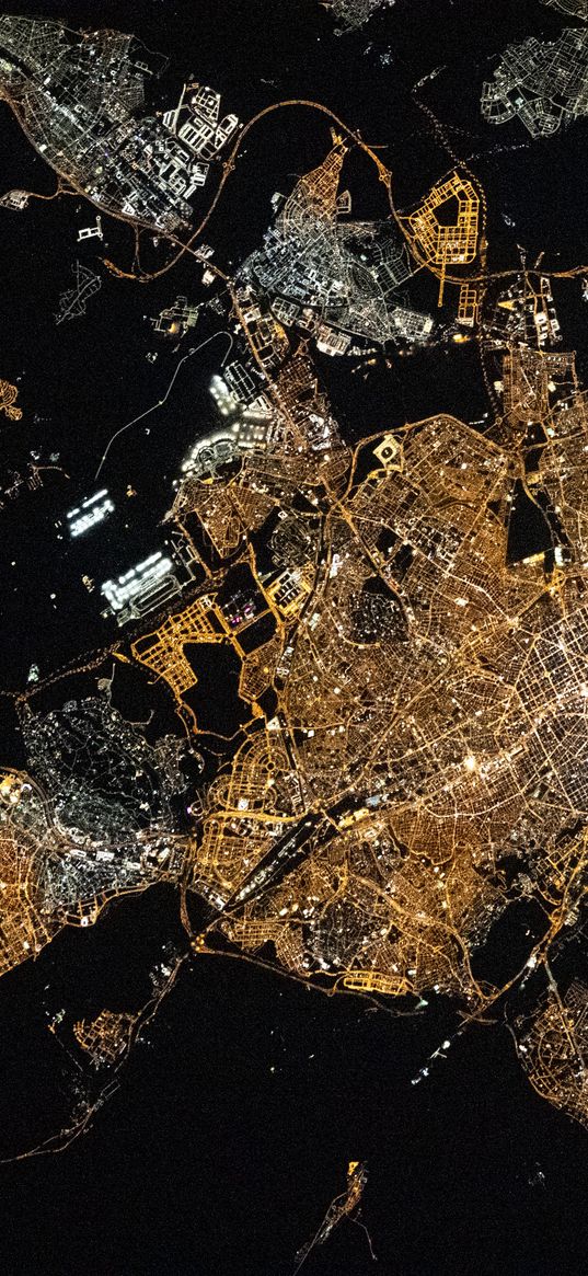 city, lines, light, view from space, dark