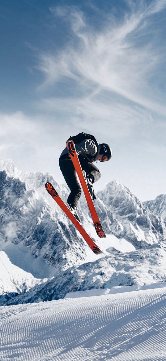 downhill skiing, extreme, jump, mountains, snow