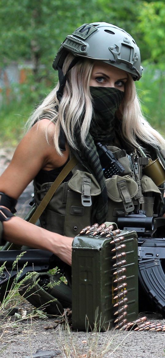 girl, soldier, blonde, weapon, machine gun, ammunition