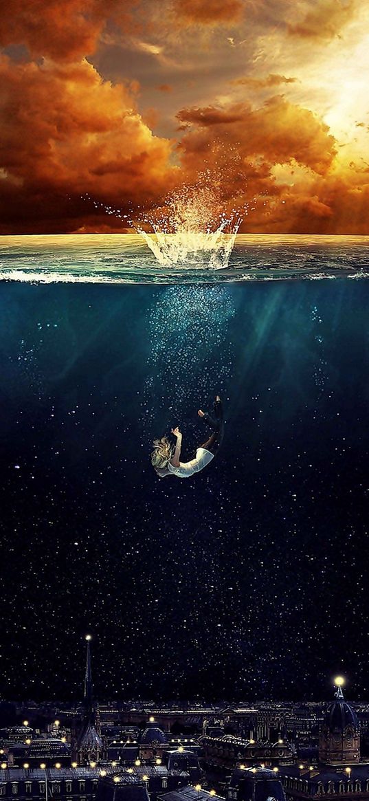 girl, diving, falling, sea, sunset, night, city, clouds, art
