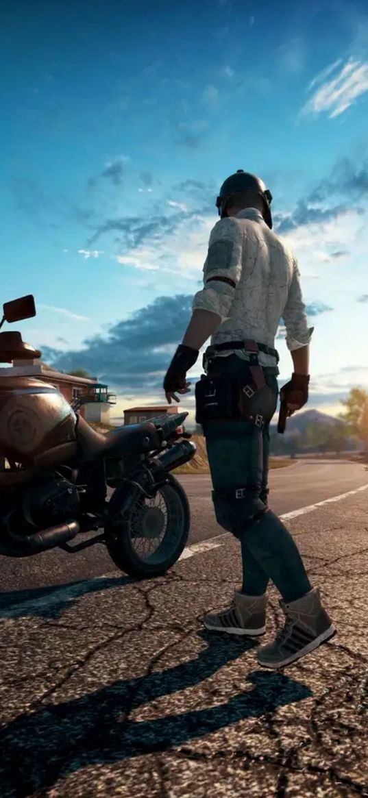 playerunknowns battlegrounds, pubg, video game, motorcycle, sunset, character, helmet, road