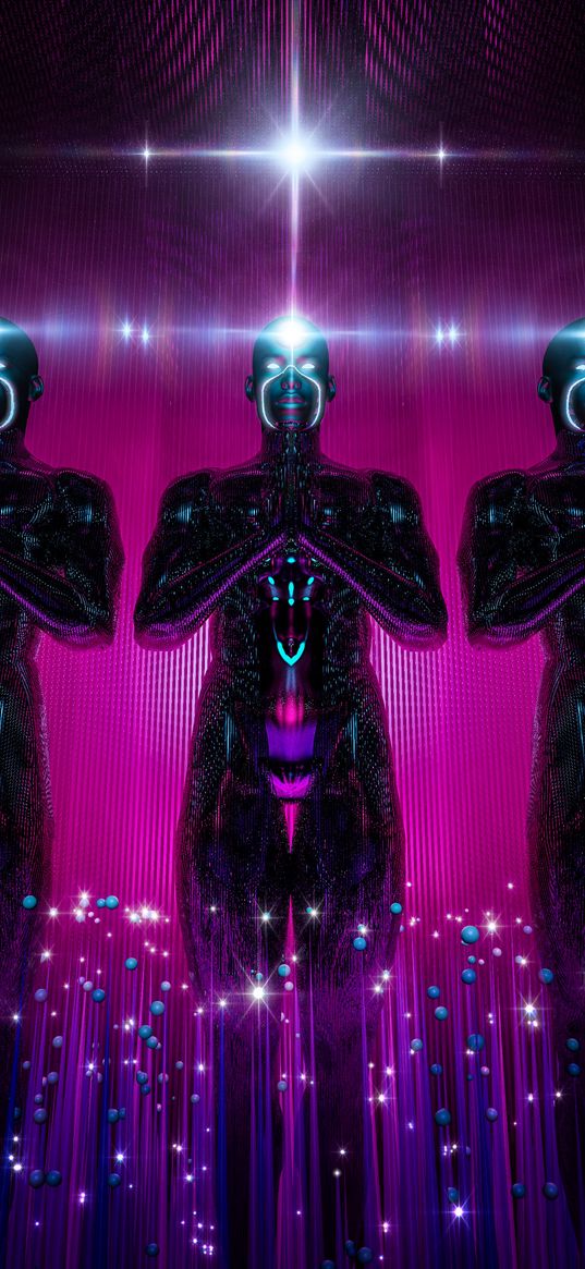 statues, neon, black, purple, glitter, digital art