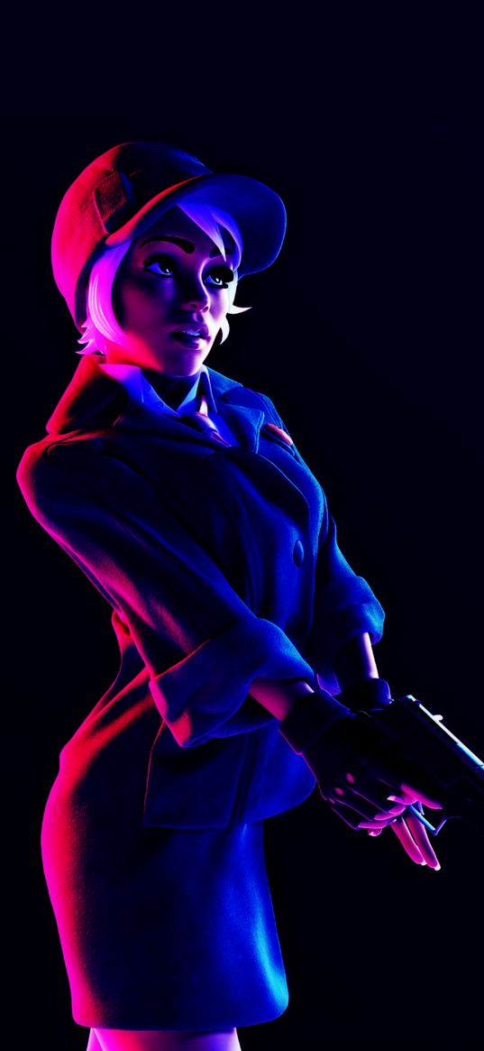 girl, gun, light, neon, digital art