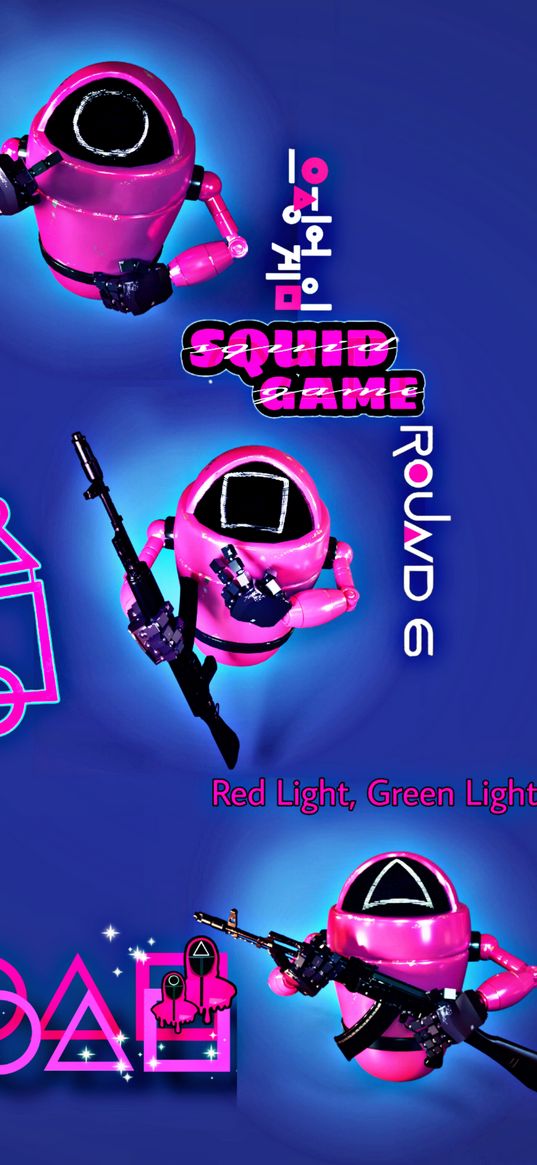 squid game, tv series, robots, red light, green light, figures, pink