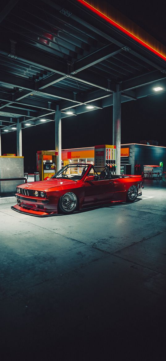 bmw, auto, red car, classic, refueling, evening, night