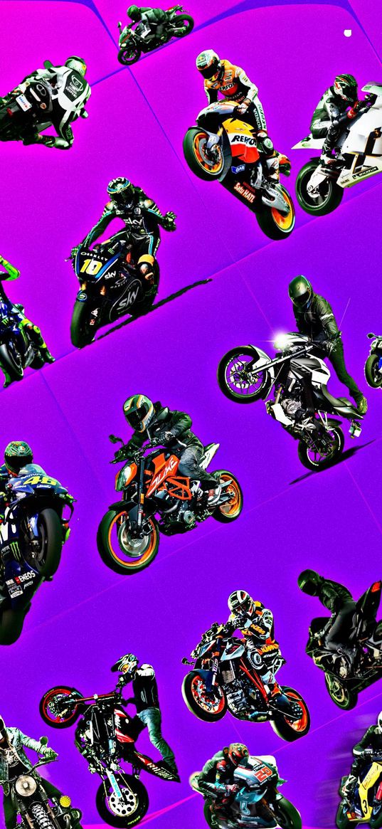 motorcycle, bike, motorcyclist, mix, poster, purple