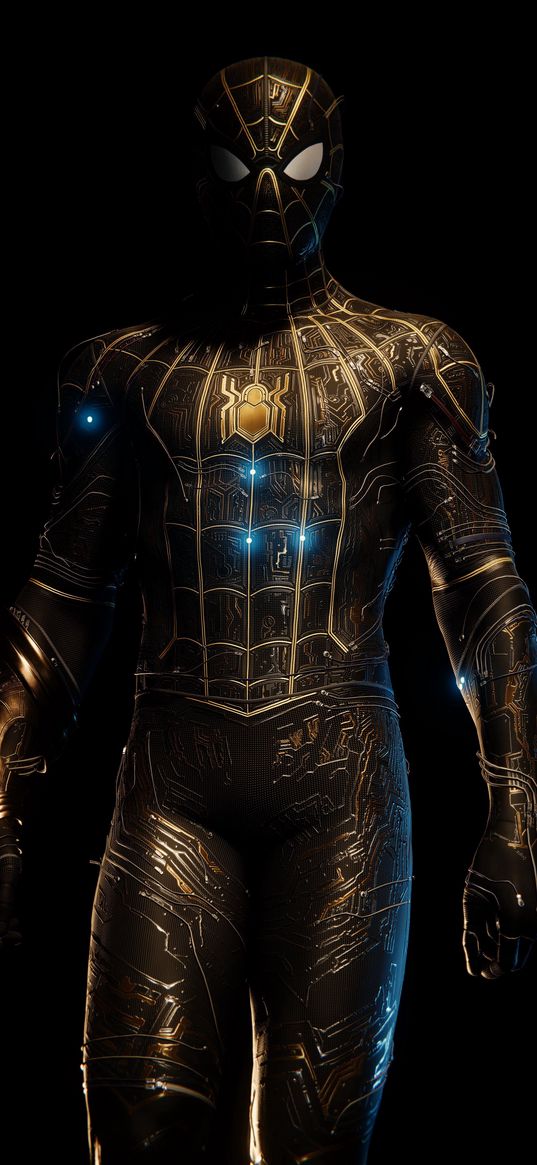 spider-man, spiderman, black suit, blue lights, character