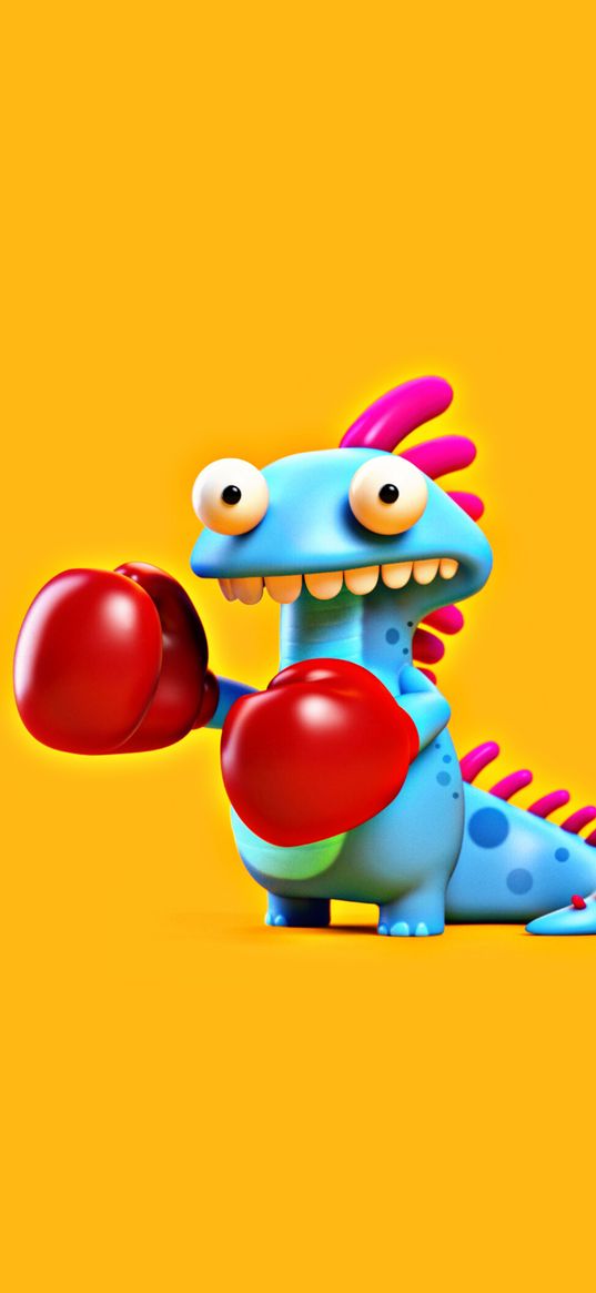 dinosaur, boxer, cartoon, funny, colorful, orange background, art