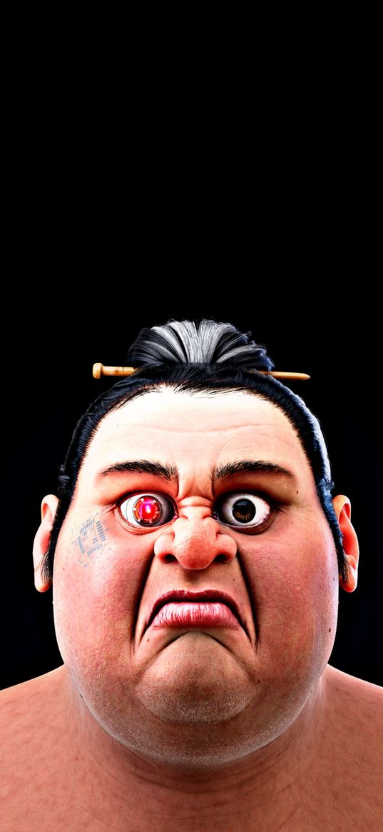 man, face, sumo, wrestler, terminator, portrait, black background, art
